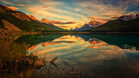 Golden Sunset At Waterfowl Lake, Alberta, Canada